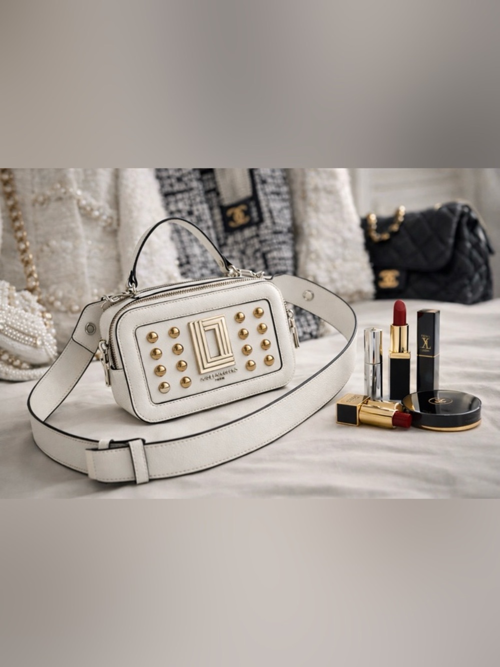 Karl Lagerfeld White Crossbody Bag with Gold and Silver Studs